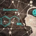 The chemical molecular formula of dopamine is displayed on a gray background. In the image, there's a silhouette of a person's head with a smiley face icon where their brain is located.