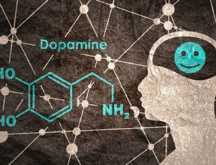 The chemical molecular formula of dopamine is displayed on a gray background. In the image, there's a silhouette of a person's head with a smiley face icon where their brain is located.